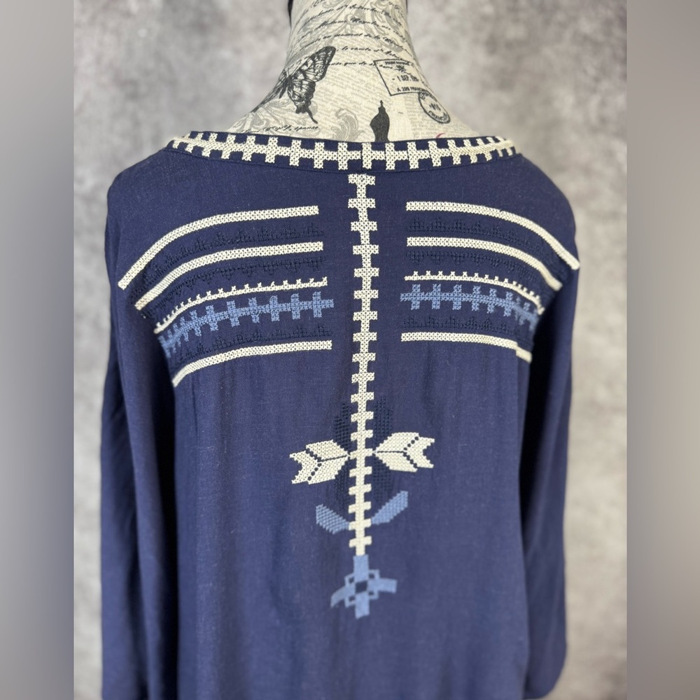 Monoreno Navy Boho Chic Tunic with Geometric Embroidery Linen Blend Size L - Picture 7 of 12